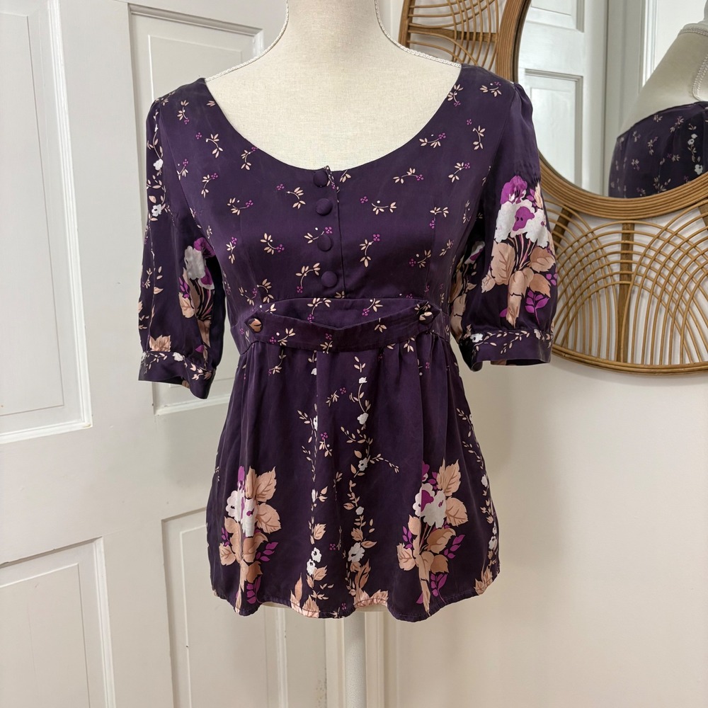 Anthropologie Yumi Kim 100% Silk Blouse S Purple Dark Floral Boho Botanical